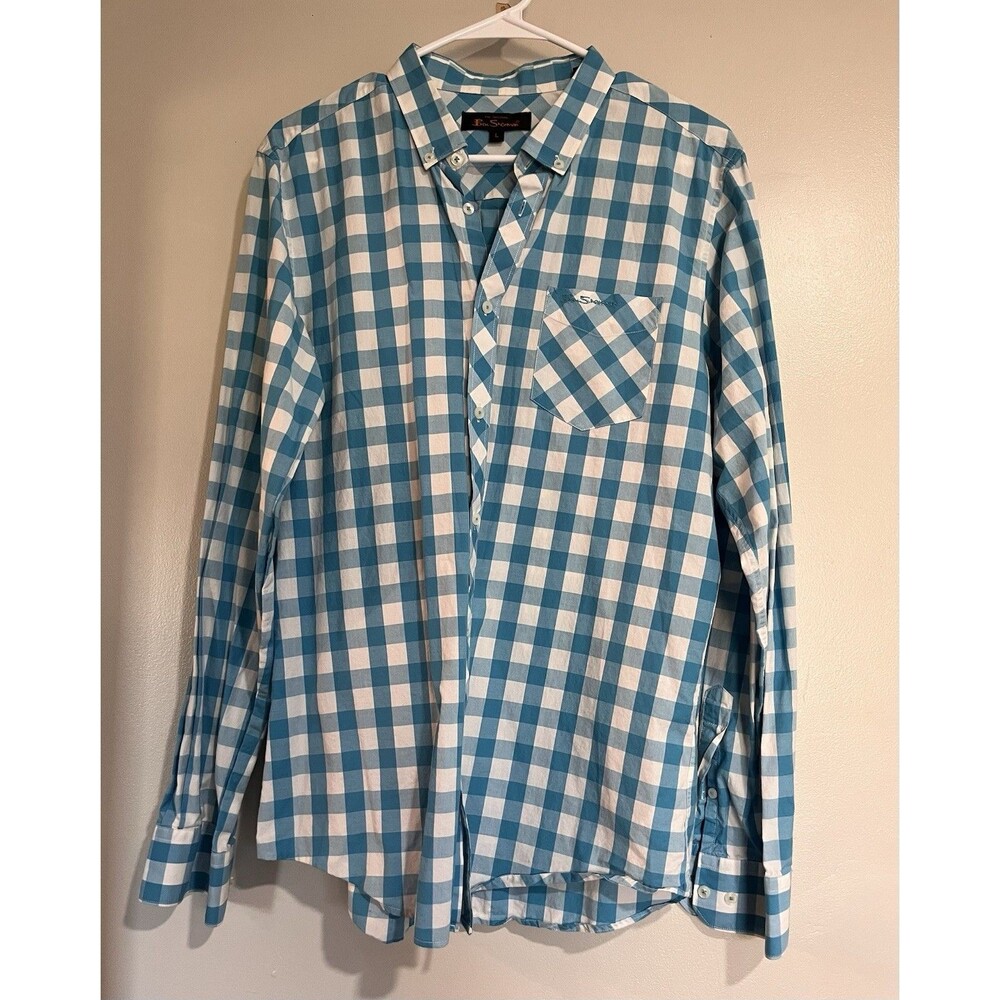 Ben Sherman Shirt Large White Blue Check Button Up Long Sleeve Mens